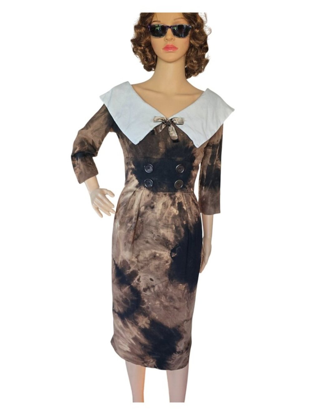 Vintage 60s Jonny Herbert Custom Bleach Dye Collared Pencil Dress Size XS Coquet